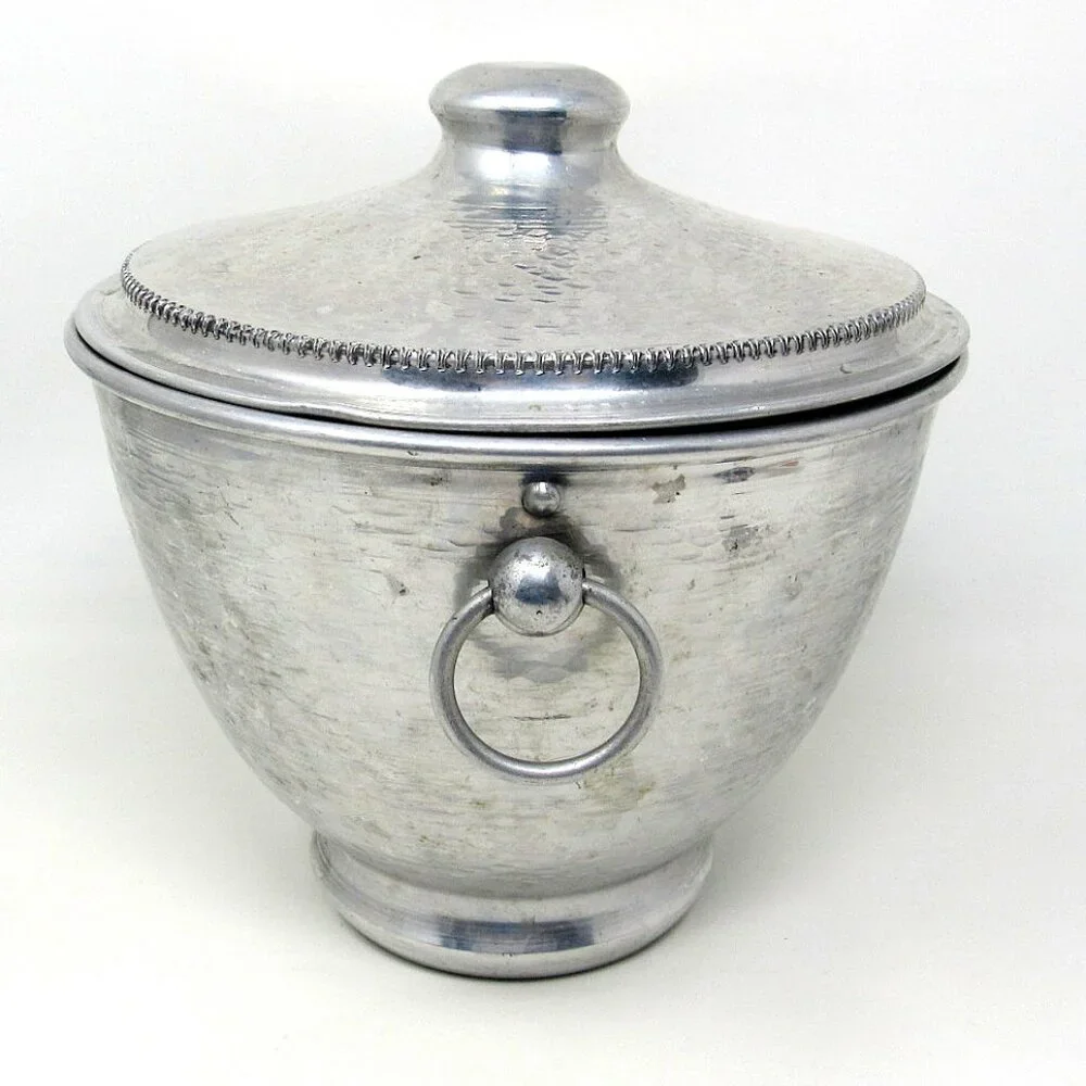 Hammered Aluminum Ice Bucket Gailstyn Vintage USA 9 X 8in Ring Handles Tongs